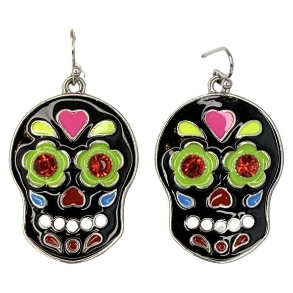 Black Sugar Skull Dangle Earrings 1" Silver Tone Enamel Day Of The Dead - Picture 1 of 8
